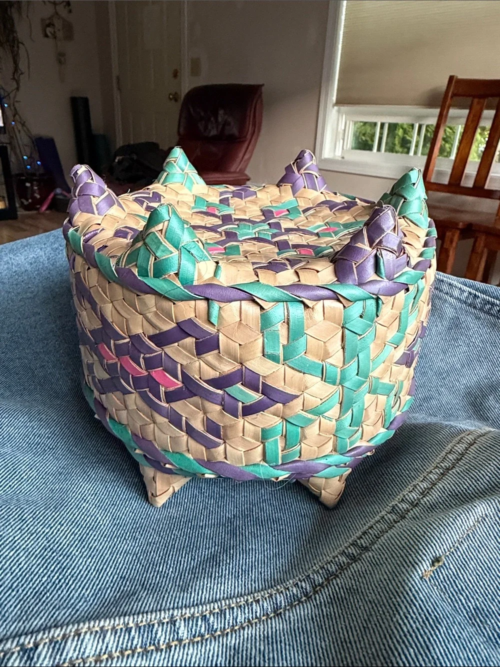 Handwoven Decorative Basket - Teal, Purple, Natural - Unbranded